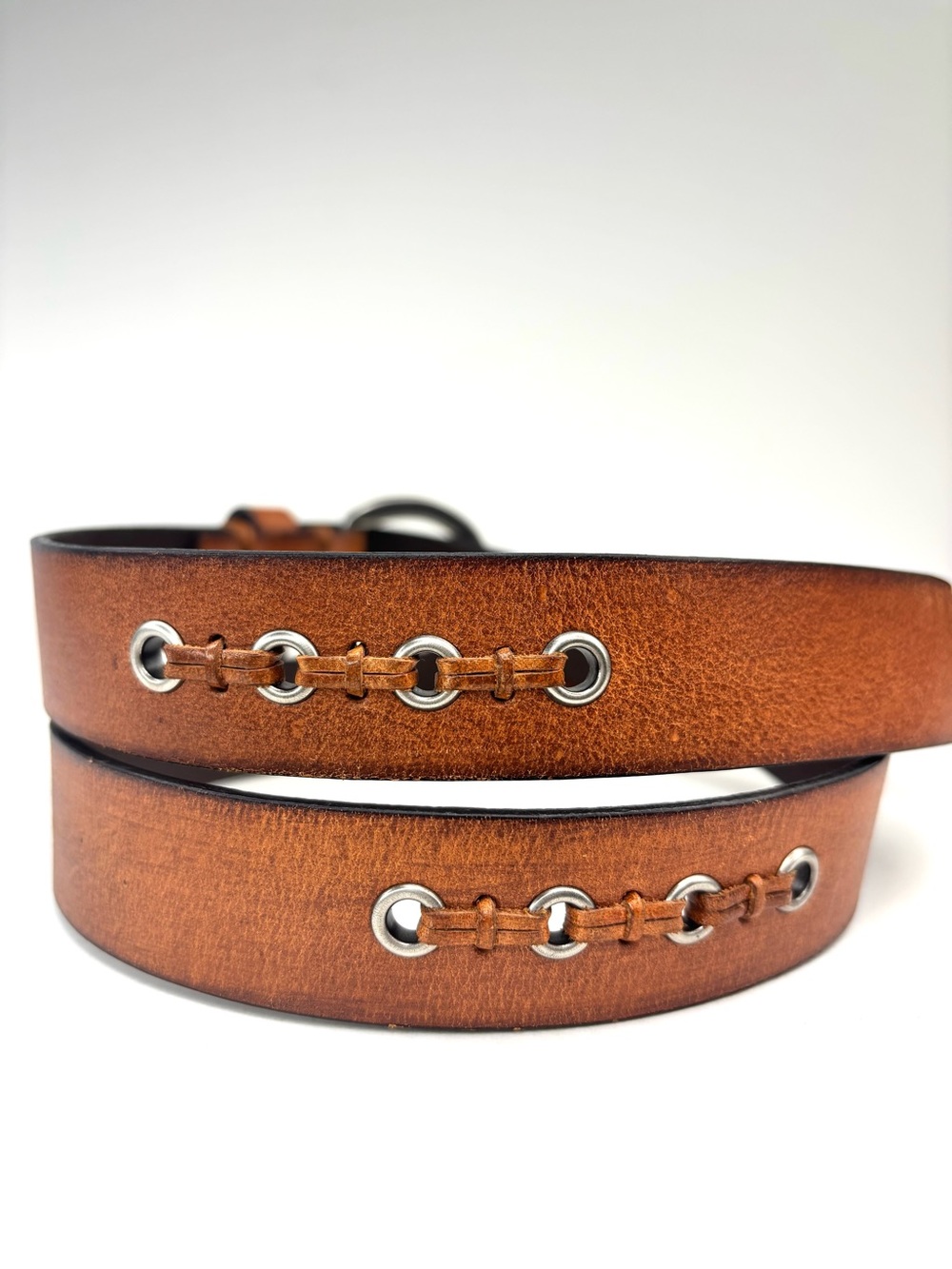 ROLFS Rustic Tan Woven Leather Boho Western Belt Silver Grommets Ring Buckle LG - Picture 10 of 14